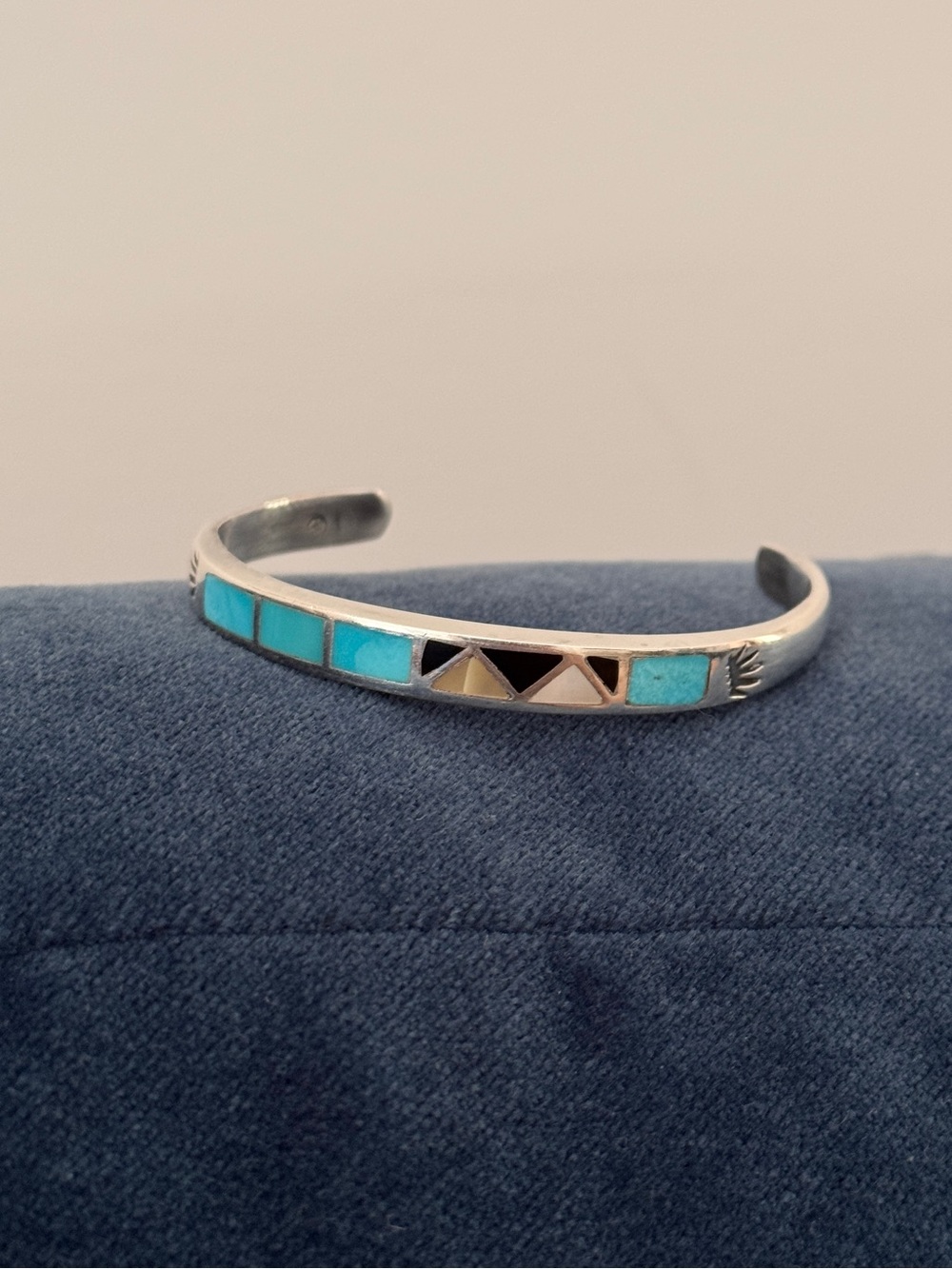 Native American Sterling Silver inlaid turquoise multi color Sign Cuff bracelet.